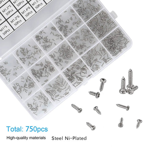 Silver Tiny Electronics Screws Kit 750 Pcs Set With M1 To M1.7 Phillips Pan Head Self Tapping Screws in case