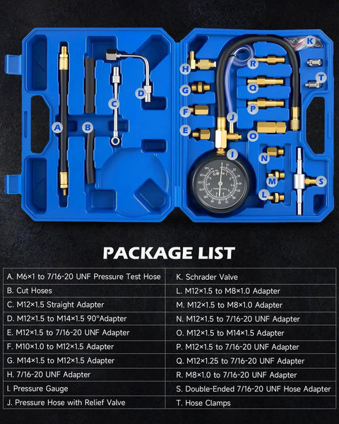 Fuel Pressure Test Kit 0 To 140 PSI With Hoses And Adapters For Cars Trucks in a blue plastic case with gauge and connectors.