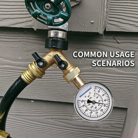 Water pressure gauge with brass hose fittings on an outdoor faucet; 0-200 psi dial, MeasureMan label, black hose