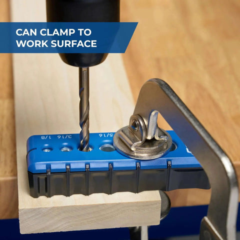 Portable Drilling Guide With Six Hardened Drill Guides For Precise Carpentry Holes And Quick Setup For DIY Projects Pro Grade Accuracy Durable Steel Construction Easy Hole Alignment By Kreg clamped to wood surface.