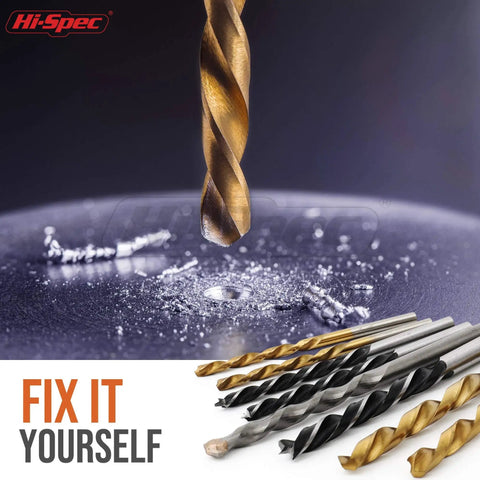 Close-up of drill bits from 130 Piece Drill Bit Set With Titanium HSS Bits For Metal Wood Plastic And Masonry Includes Eleven Size Range From One Sixteenth To Three Eighths Inch With Masonry And Brad Point Bits Plus A Sturdy Tray Case Ideal For Home DIY Projects.