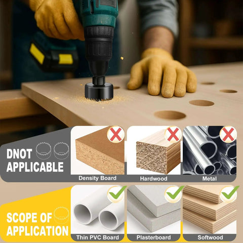Drilling through wood using Six Piece Hole Saw Kit With Four Sizes From 1 1/4 Inch To 2 1/8 Inch Includes Mandrels And Hex Key