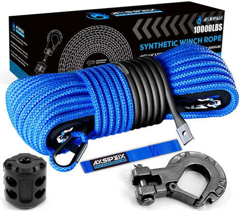 Blue Synthetic Winch Rope Kit 1 Quarter Inch By 50 Foot Off Road Ready With 10000 Lbs Capacity on display with protective sleeve and forged hook.