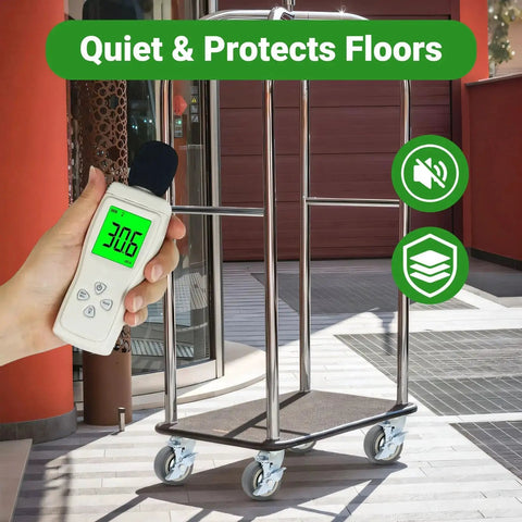 Heavy Duty 5 Inch Casters With Brake Set Of 4 on cart, measuring decibel level, protects floors, industrial grade.