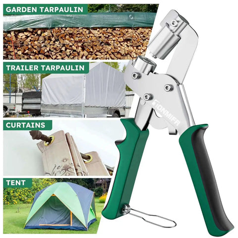 Beast Mode Grommet Tool Kit With 3/8 Inch Eyelets, heavy duty metal grommet press, applications shown on tarp, curtain, tent