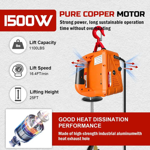 Orange 3 In 1 Portable Winch 1100 Lbs 1500W With Manual Wireless And Wired Remote, side view showing motor and specifications