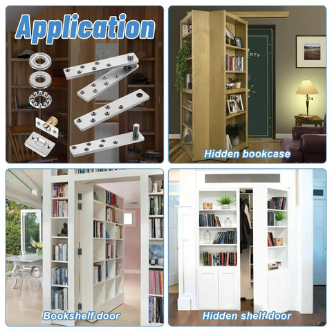 Invisible Pivot Hinge For Secret Doors And Bookshelves, Heavy Duty Up To 200 Lb, shown with hidden door applications