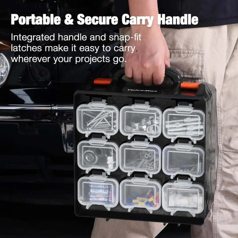 Person holding double-sided parts organizer box with eighteen removable bins portable screw and hardware storage case.