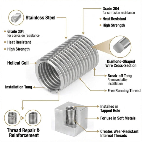 An illustration of M3 Thread Inserts 0.5mm Pitch 2D Length 304 Stainless Steel Helicoil Wire Inner Thread Inserts Metric Coiled Helical Screws Aircraft Grade Anti Loosening Design 80 Pieces showing features and uses.