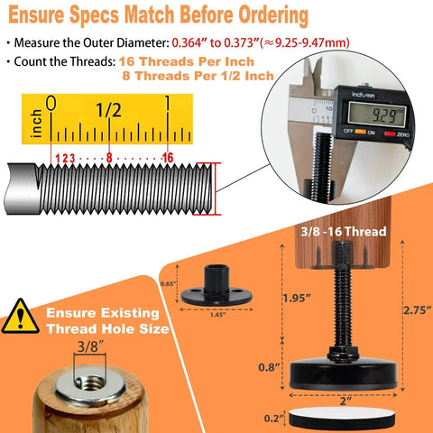 Measurement guide for Heavy Duty 3/8-16 UNC Leveling Feet with diagram showing thread size and base diameter, black finish, 4 pack.