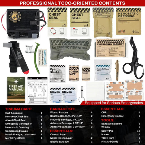 Contents of Go-To Vehicle Tactical IFAK Trauma Kit With CAT Tourniquet, including chest seals, bandage, and scissors.