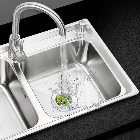 Two Pack Stainless Steel Kitchen Sink Strainer Set with Large Wide Rim Four Point Five Inch Diameter Micro Perforated Two Millimeter Holes installed in sink