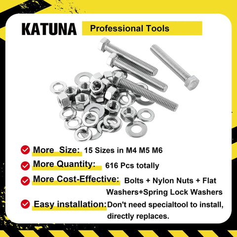 Must Have 616 Piece Metric Bolt And Nut Set In 304 Stainless Steel For DIY Projects From KATUNA, includes bolts, nuts, washers.
