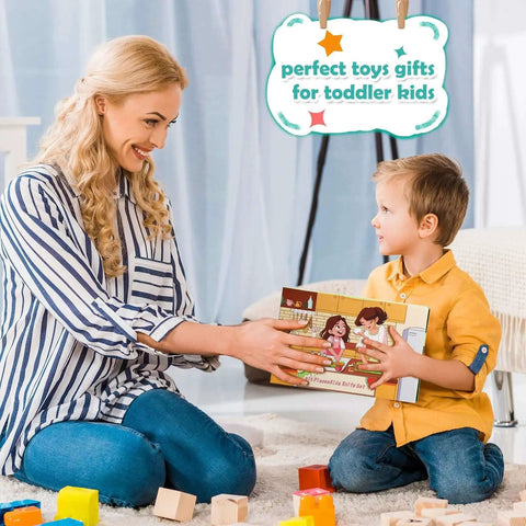 Woman giving book to child with text 'perfect toys gifts for toddler kids' in living room setting with toys on floor.