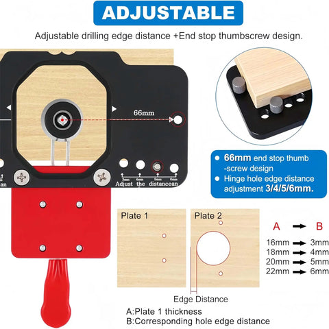 35mm Hinge Jig for Cabinet Doors, adjustable drilling guide showing edge distance with aluminum alloy build, easy to use design