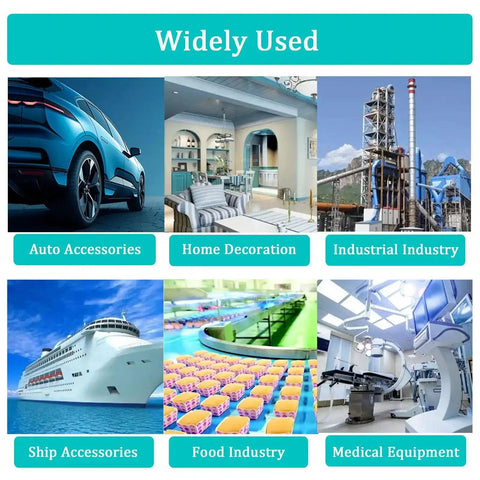 Collage showing diverse industries including auto accessories, home decoration, industrial plants, ship accessories, food industry, medical equipment.