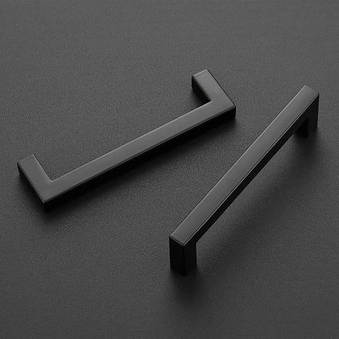 Black 5 Inch Square Cabinet Pulls 30 Pack Stainless Steel Kitchen Cabinet Handles Modern Hardware lying on a black surface