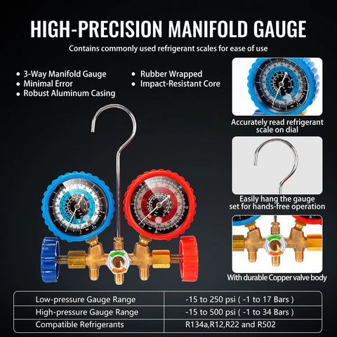 VTG VOGTEN manifold gauge kit with dual gauges blue and red and copper valve body for HVAC systems