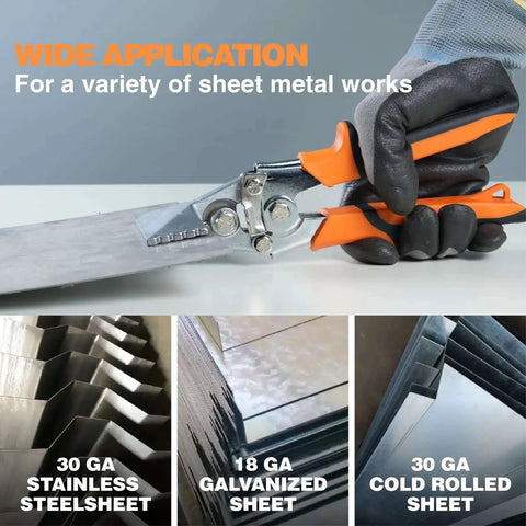 Pro-Grade 6 Inch Sheet Metal Hand Seamer with Ergonomic Grip bending a metal sheet, ideal for steel, aluminum, galvanized sheets
