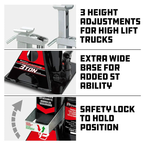 Close-up of 3 Ton All In One Hydraulic Bottle Jack And Jackstand With Ratcheting Safety Bar, showing features and functions.