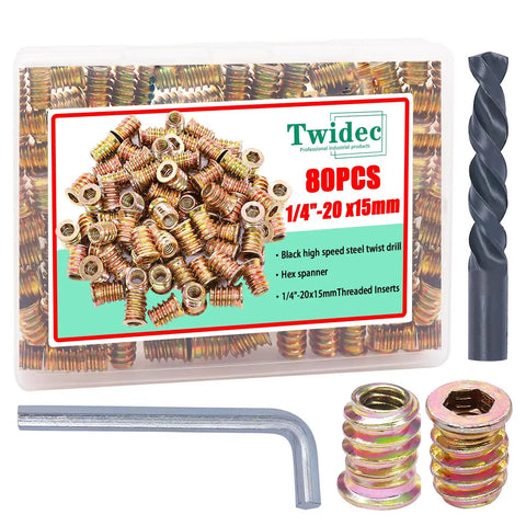 DIY Ready Wood Threaded Inserts Kit With M6 Wrench Eighty Pieces One Quarter Twenty Threaded Inserts For Furniture Repair And Woodworking Projects Screw In Nuts For Strong Long Lasting Joints Twidec with inserts, M6 wrench, and drill bit.