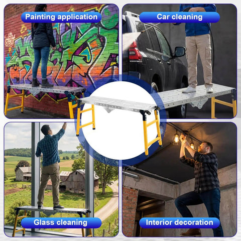 Portable work platform used for painting, car cleaning, glass cleaning, and interior decoration showcasing various applications.