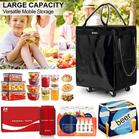 Large Black Reusable Grocery Bag On Wheels Foldable Rolling Tote With Zipper Closure Carries Up To 76 Lbs, picnic background.