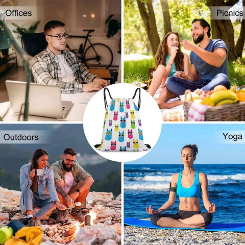 Lightweight Drawstring Sackpack For Gym And Travel Durable Polyester Secure Braided Drawstring To Keep Belongings Safe Ideal Beach Bag Everyday Use With Rainbow Llama Sunglasses Design displayed at different use settings: office, picnic, outdoors, and yoga.