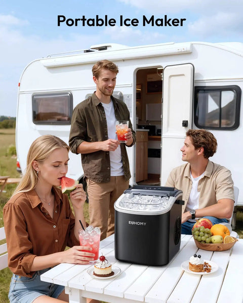 Group camping with Portable Countertop Ice Maker With Handle 26 Lbs Daily Output 6 Minute Ice Cubes, RV in background.