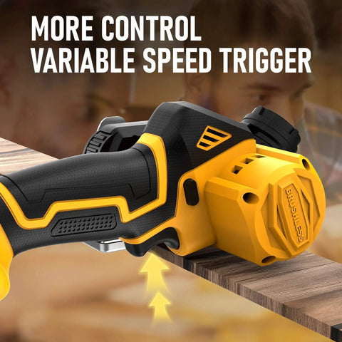 Mini Cordless Circular Saw With Brushless Motor, 3 Inch Blades, 19,500 RPM, showing variable speed trigger, cutting wood