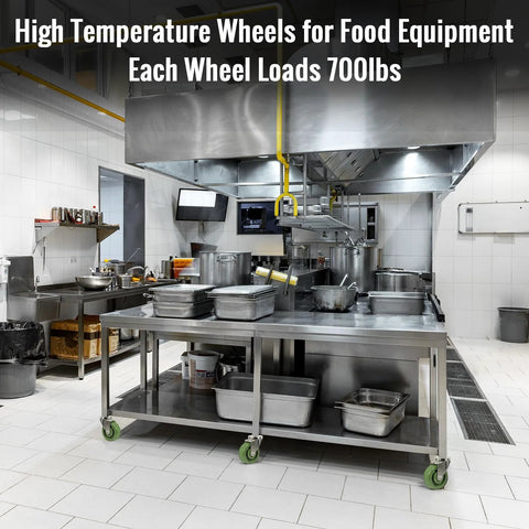Stainless steel rolling kitchen cart with bright green 4-inch caster wheels.