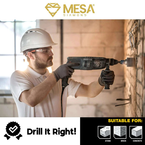 Person using One And Three Quarters Inch SDS Plus Carbide Tipped Rotary Hammer Core Bit For Concrete Drilling 45 Millimeter Core Bit With Tough As Nails High Grade Tungsten Carbide Cutting Edge And Smooth Exterior Welds Heavy Duty By Mesa Diamond on brick