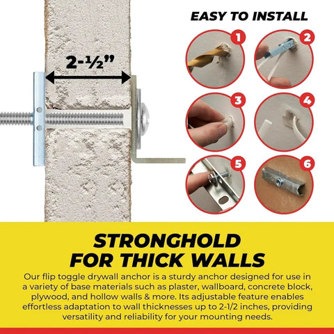 One Quarter Inch Twenty Toggle Anchors With Bolts For Hollow Walls Heavy Duty Winged Anchors Adjustable Up To Two And A Half Inches Thick Holds Up To 1080 Lbs Includes Heavy Duty Drill Bit Pack Of 12, showing a side view installation diagram with toggle in drywall, adjustable up to 2-1/2 inches thick.
