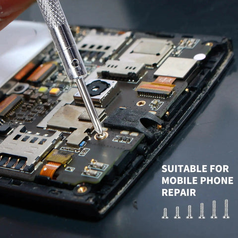 Close-up of screwdriver fixing a mobile phone circuit with Bulk 500 Pcs Laptop Screws Set In M1.2 M1.4 And M2 for repairs.