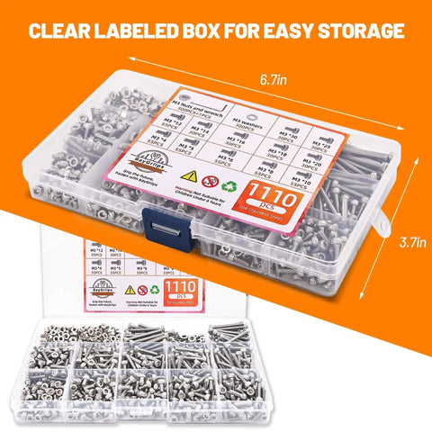 1110-Piece M3 Stainless Steel Socket Head Screw And Nut Kit With Hex Drive Cap Screws From 4 To 30 Millimeter in storage box