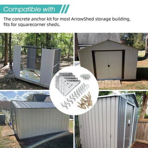 Concrete Shed Anchor Kit For Sheds And Garages With Four Steel Corner Gussets Hold Down Clips Bolts And Screws Rust Resistant Galvanized Steel For Concrete Floors Compatible With Square Corner Sheds And Most Storage Barns shown with sheds.