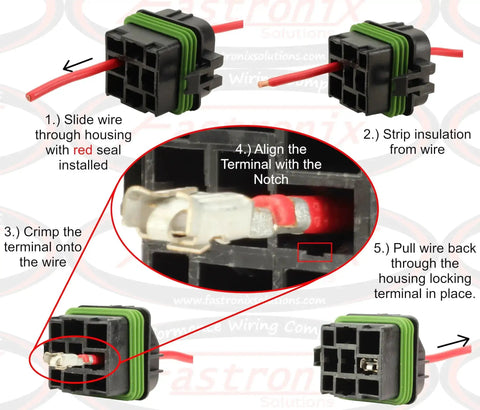 Installation steps for Weatherproof Automotive Relay Kit With 50 Amp Normally Open And 30 Amp Normally Closed Relays showing terminals and housing.