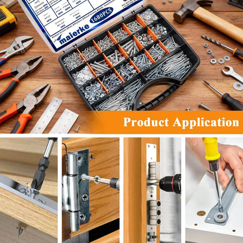 All-In-One 1680-Piece High Hardness Screws, Bolts, Nuts, Nails, And Wood Screws Assortment Kit with tools on a workbench