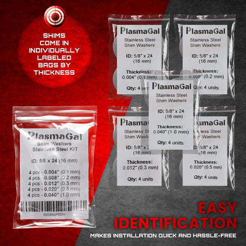 Muzzle Shim Kit 5/8x24 For 30 Caliber Platforms Including.30.308 7.62 And 300 Blackout With individually labeled bags by thickness.