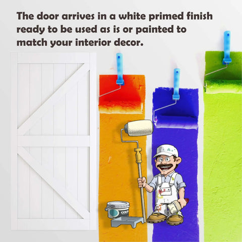 Space Saving Bypass Barn Door Kit 60 By 84 Inch With 6 Foot Hardware For Single Track Doors On Double K Frame Doors MDF White DIY Painted Finish Easy To Install shown against painted wall swatches
