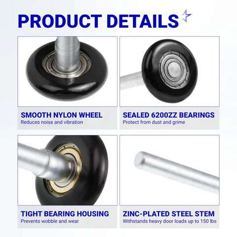 24 Pack 1.8 Inch Nylon Garage Door Rollers With 4.7 Inch Stem 6200ZZ Sealed Bearing Eight Ball Design Quiet Durable