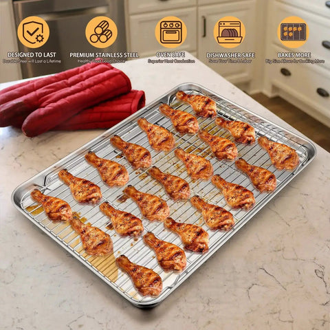 Half Sheet Baking Pan With Wire Cooling Rack Set For Oven Cooking 17.7 By 13 Inch Stainless Steel Rimmed Tray Roasting Chicken