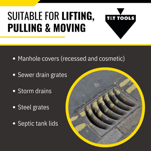 Image showing lifting applications for Top Popper Manhole Hook With Rotated Handle 2.5-Foot, including manhole covers and steel grates.