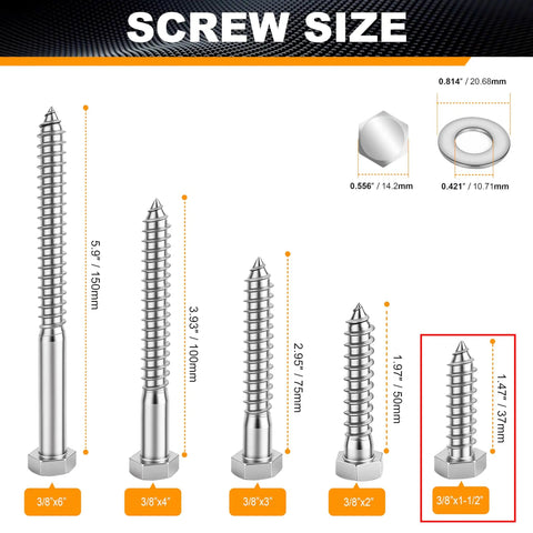 12 Pack Three Eighths Inch By One And A Half Inch Hex Head Lag Screws For Wood In 304 Stainless Steel With Flat Washers
