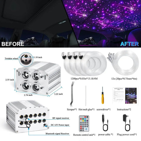 Car Starlight Headliner Kit With Dope 4 Color Fiber Optic Ceiling Lights 32W Engine 1200 Strands installation showcases before and after.