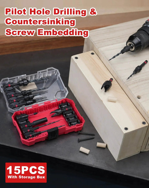 All In One Countersink Drill Bit Set For Woodworking With Fifteen Pieces Including Seven Tapered Bits And Two Wood Plug Cutters