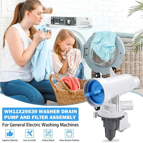Washer drain pump and filter assembly WH11X29539 for GE front-load washers, white and blue plastic unit.