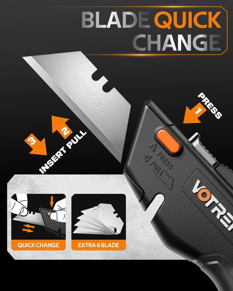 Two In One Retractable Box Cutter With Safety Lock For Home And Warehouse showing quick blade change instructions.