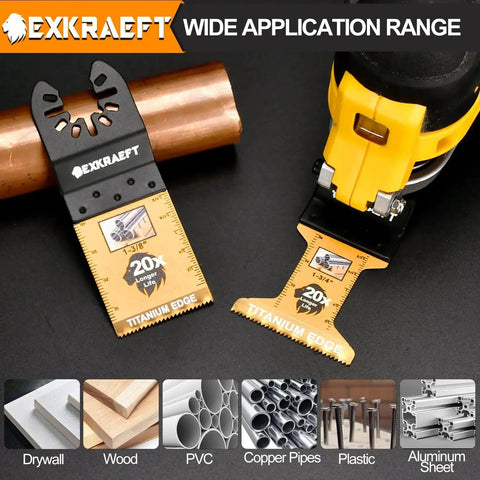 55 Piece Titanium Oscillating Tool Blades Set For Metal Wood Plastic Pro Grade Universal Blades With Japanese Teeth For Fast Smooth Cuts Compatible With Dewalt Milwaukee Ryobi Fein Rockwell And More shown with saw and materials