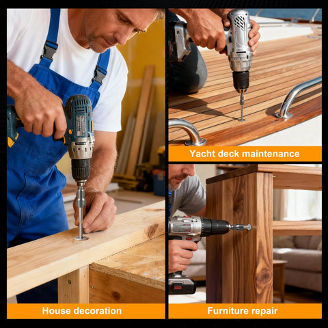 Man using drill with 12 Pack Three Eighths Inch By One And A Half Inch Hex Head Lag Screws For Wood In 304 Stainless Steel With Flat Washers For Indoor Outdoor Decks Fences And Structural Connections Great For Do It Yourself Projects Xpokcai on yacht deck, wooden beam, table